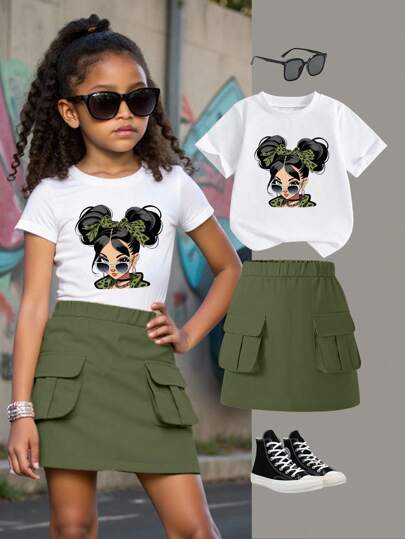 Simple Sweet Girl Graphic Short Sleeve Crew Neck T-Shirt Paired With Cargo Skirt, Casual Summer Outfit