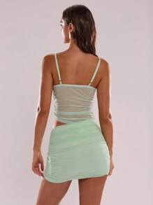 SHEIN BAE 女式纯色网眼褶饰修身吊带背心和紧身中长裙性感两件套 - 薄荷綠 - 查看 2