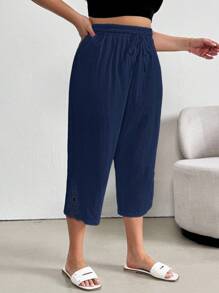 SHEIN Essnce Plus Size Women's Summer And Spring Casual Vacation Linen Pants Cropped Pants, Dark Blue Pants, Casual Women's Pants, Summer Women's Clothes, Women's Bottoms,Women Capris,Summer Pants,Vacation Outfits - Navy Blue - View 4