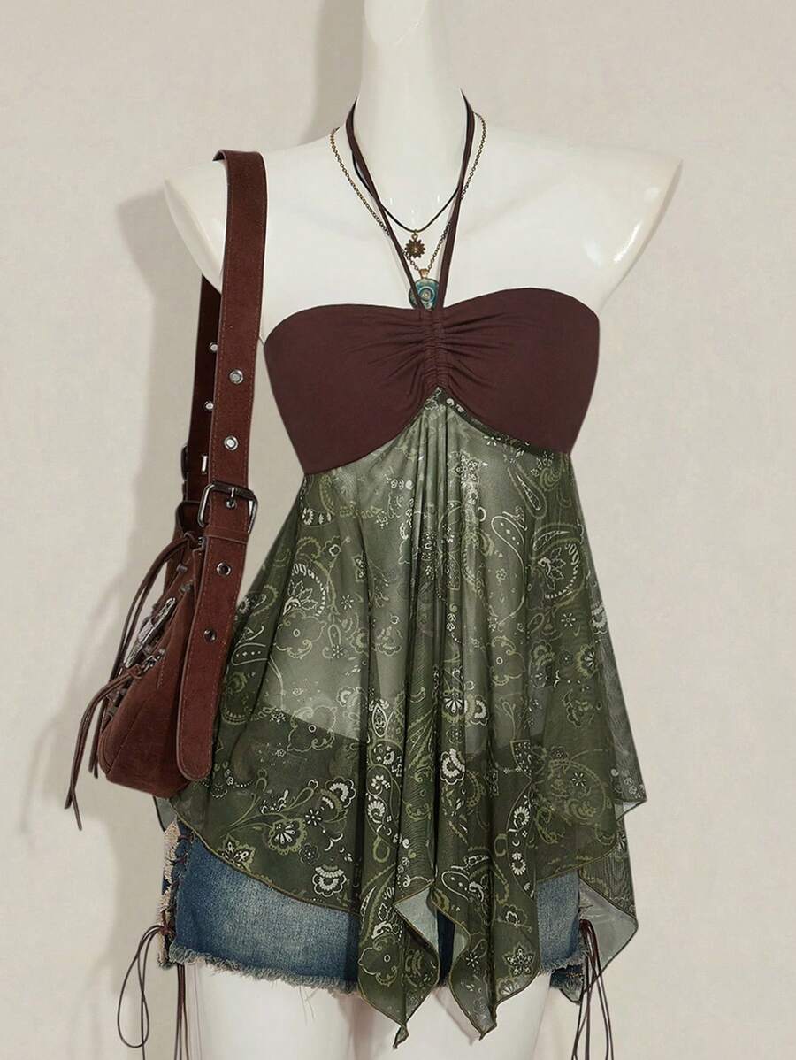 SHEIN ICON Y2k Nữ Kiểu Tây Boho Babydoll Màu Nâu Và Xanh Lá Cây Kỳ Nghỉ In Họa Tiết Paisley Hạt Điều Dây Rút Cổ Halter Camisole - Nhiều màu - Xem 1