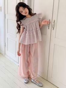 Dazy Kids 2pcs Tween Girl Girls' Plaid Print Crew Neck Short Sleeve Blouse And Long Pants Set, Autumn