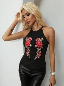 Xyvia Women's Elegant Sexy Black Rose Embroidered Design Cold Shoulder Cropped Fitted Cami Tank Top, Spring/Summer