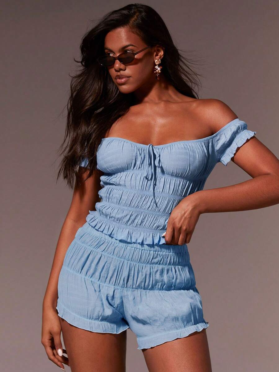 Athîral 女士荷叶边下摆热裤蓝色短裤，四季，机场 - 藍色 - 查看 1