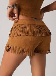 SHEIN ICON Women's Solid Color Waisted Eyelet Lace-Up Fringe Hem Low Waist Shorts - Rust Brown - View 2