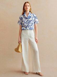 Écloséra French Retro Casual Vacation Blue And White Embroidery Hollow Flower Stand Collar Ruffle Collar Short Sleeve Women's Shirt - Blue and White - View 4