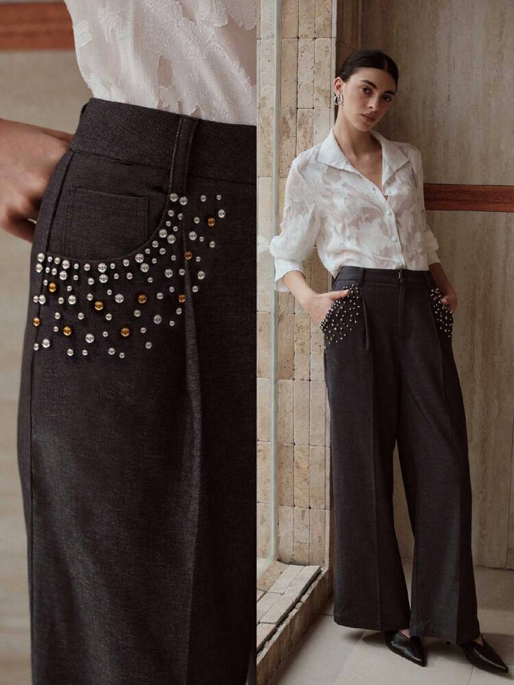 PRESS CREASE BEADS DECOR PANTS