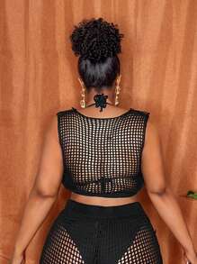 Slaydiva 复古优雅INS风美式圆点串珠无袖修身吊带背心和圆点串珠针织短裤两件套；亮片两件套；黑色两件套；网纱两件套；钩针两件套；两件短款套装 - 黑色 - 查看 2