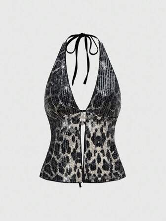 Grunge Punk Top corto sin mangas con cuello de halter con estampado de leopardo con brillo, decoración con colgante de cruces, adecuado para festivales de música de verano, estilo callejero punk/grunge