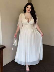 Flirla 大码女式 V 领荷叶边袖褶饰 A 字形雪纺长裙，优雅复古，适合派对、度假、休闲场合、婚礼