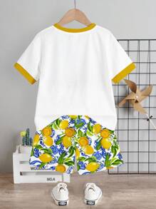 LEMON, LEMONADE, VACATION, HOLIDAY, FAMILY TRIP, MOMMY DADDY AND ME, Kids' Choice Collection, Everyday Basic, Happy Kids, Pastel Colors For Kids, Bikercore, Family Trip, Happy Days, I Love Mommy, I Love Daddy, Lovely Home, Cool Kids, Young Boy Casual Minimalist Round Neck Short Sleeve T-Shirt And Shorts 2 Pieces Set, Suitable For Summer