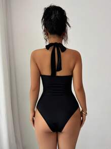 Rafferiza 女式挂脖金属玫瑰装饰紧身衣 - 黑色 - 查看 2