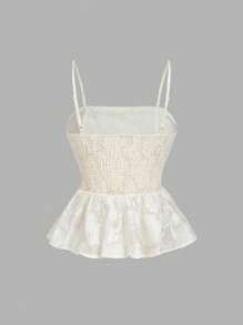 SHEIN MOD 颈部珍珠装饰荷叶边下摆花卉面料吊带背心上衣，优雅美观 - 杏色 - 查看 2