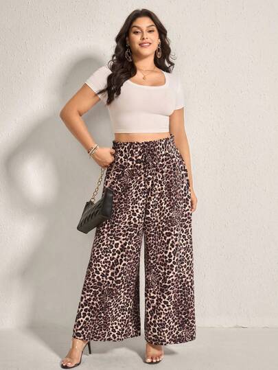 SHEIN LUNE Plus size kvinnor leopardtryck lösa långa byxor
