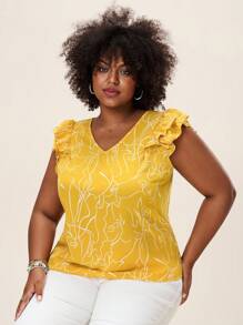 SHEIN LUNE Plus Size V-Neck Sleeveless Printed Casual Blouse Mardi Gras, Rave - Yellow - View 6