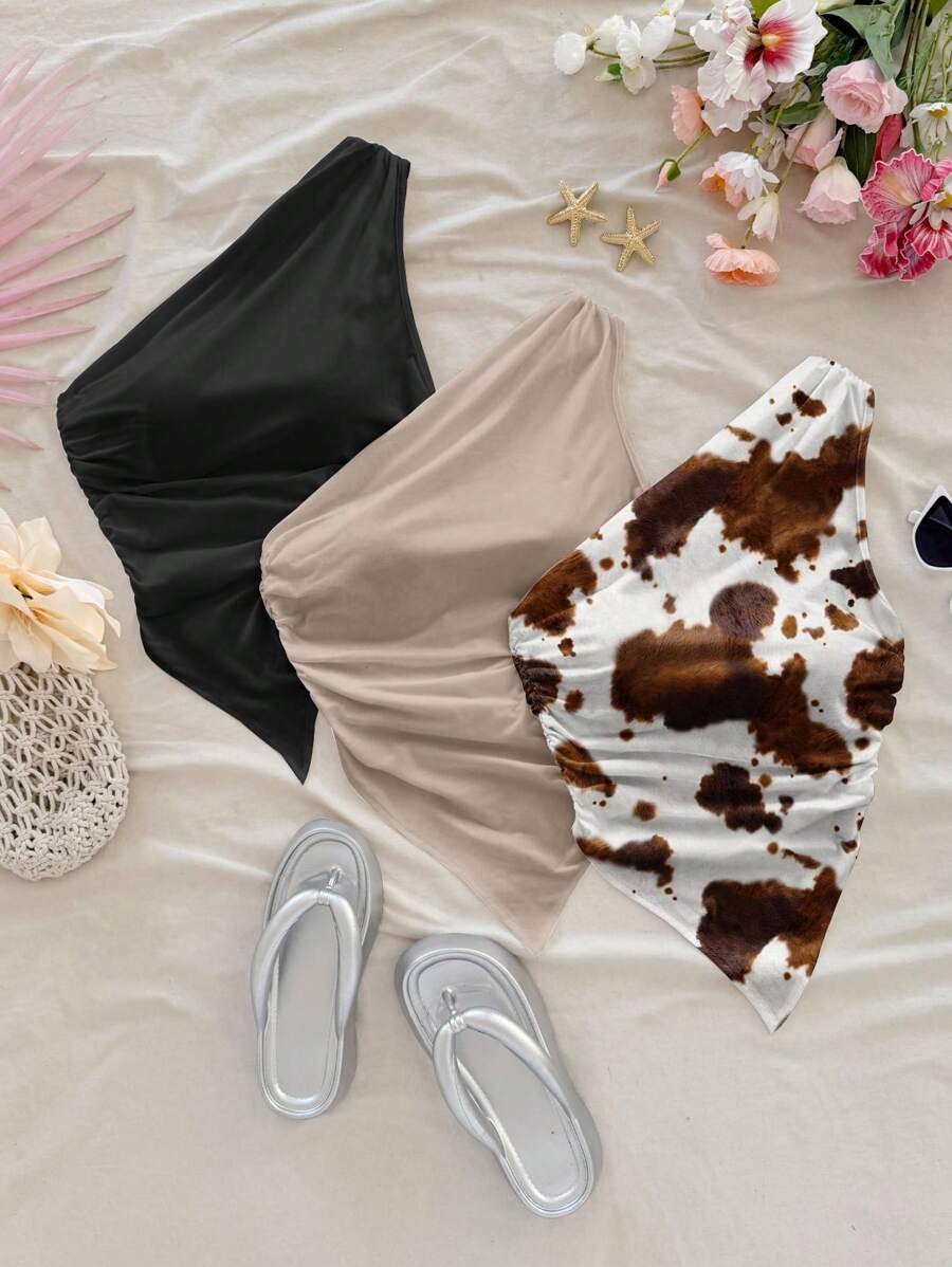 Soleia 3 件套女士度假上衣套装，黑色，卡其色，奶牛印花，不对称领口，合身，休闲，日常，约会，下午茶，海滨，邮轮，城市度假，所有季节，婚礼季节，春夏季度假，邮轮，海岛度假，音乐节，波西米亚度假 - 彩色 - 查看 1