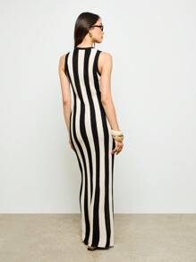 AiiRZ 钩针针织长裙竖条纹长款修身高领无袖度假度假夏季拖地长裙优雅