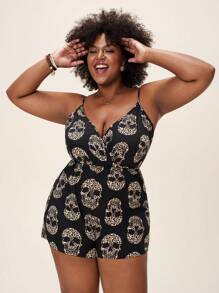 Comfylo Plus Leopard & Skull Print Cami Romper For Summer - Multicolor - View 3
