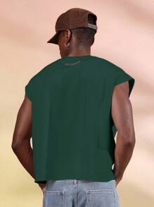 SUMWON Sleeveless Muscle Tank Crop Top Vintage Grunge Aesthetic Raw Edge Split Neck Summer Festival Streetwear Vest Plain - Green - View 2