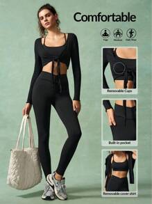 VARSIVA Conjunto de mujer de top corto de tirantes de unicolor y pantalones de manga larga para hacer ejercicio - Negro - Ver 1