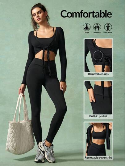 VARSIVA 女士纯色吊带背心短款长袖上衣和裤子健身套装