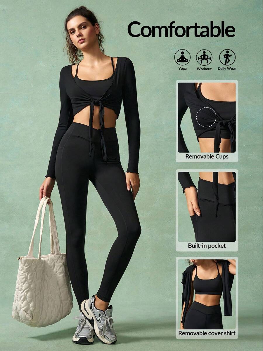 VARSIVA Conjunto de mujer de top corto de tirantes de unicolor y pantalones de manga larga para hacer ejercicio - Negro - Ver 1