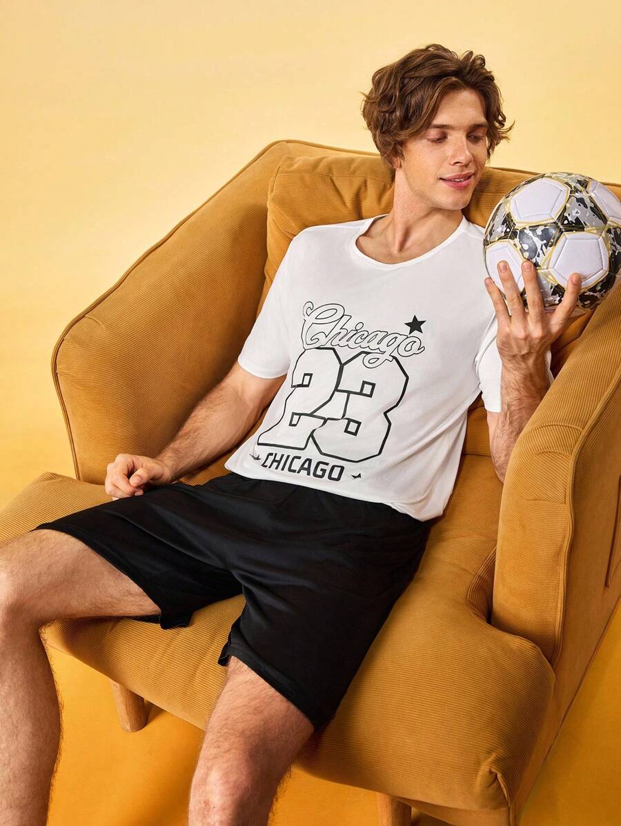 Notgurli Men's Letter Print Crew Neck Short Sleeve Casual Pajama Top