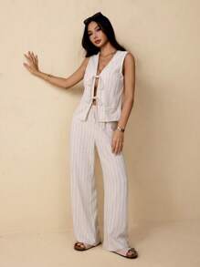 SHEIN PETITE Women's Striped Tie Front Vest And Pant Casual Suit Set