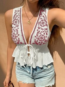 SHEIN Frenchy 女士夏季度假花卉刺绣前系带吊带背心 - 酒紅色 - 查看 7