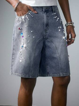 Street Life Men's Street Life Loose Fit Decorated With Faux Pearl Insert Pocket Wide Leg Casual Denim Shorts