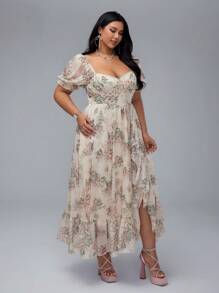 Lyrianda 大码女式优雅泡泡袖开衩下摆花卉印花连衣裙 - 彩色 - 查看 7