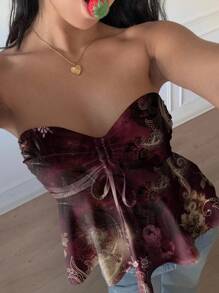 SHEIN EZwear Women's Casual Ruched Chest Drawstring Tied Babydoll Tube Top, Suitable For Summer, Vintage Style, Color Options: Burgundy, Paisley Print Suitable For Going Out - Multicolor - View 3