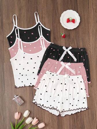 SHEIN 3pcs/Set Heart Printed Camisole & Shorts Pajama Set Women Pajama Set Heart Print Pajama Set Camisole And Shorts Pajama Set Cute Pajama Set Lounge Set  Cozy And Elegant Details