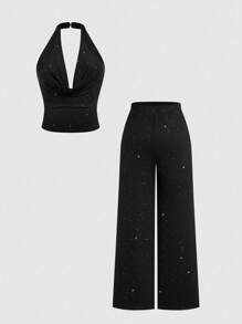 Sweetra 加大码纯色优雅性感宽松休闲露背无袖上衣和长裤两件套 - 黑色 - 查看 1