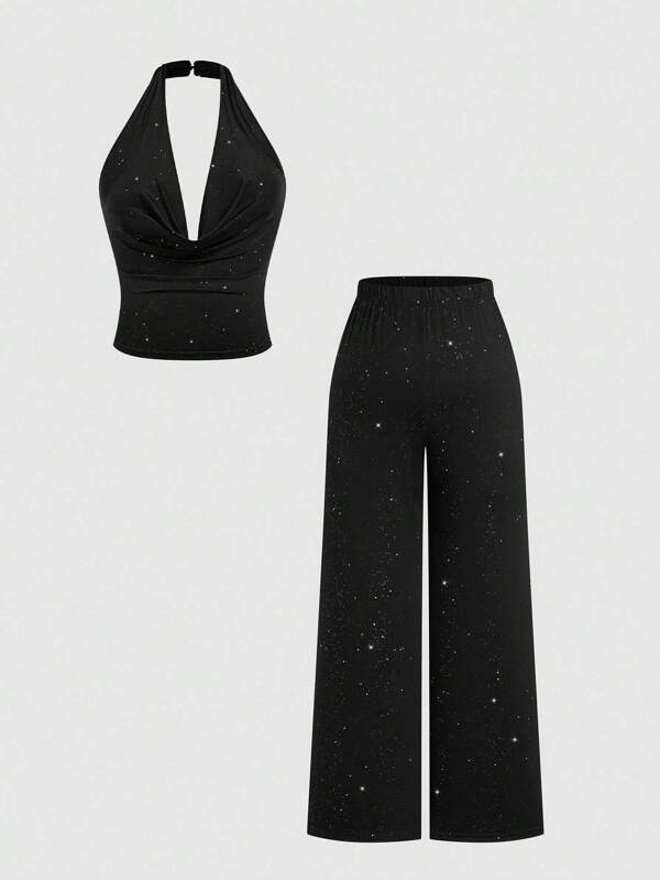 Flirla Set da 2 pezzi, composto da top allentato con collo alla halter senza maniche e pantaloni lunghi, in colore unito, elegante e sexy, adatto a taglie forti