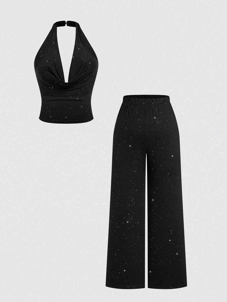 Sweetra 加大码纯色优雅性感宽松休闲露背无袖上衣和长裤两件套 - 黑色 - 查看 1