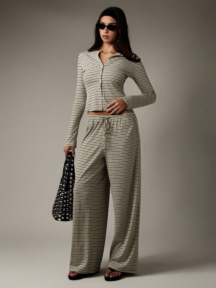 MISSGUIDED Button Through Ribbed Co Ord Set Striped Wide Leg Loungewear Matching Outfit Holiday Casual Vacation Resort Wear Everyday Comfort - Multicolor - View 1