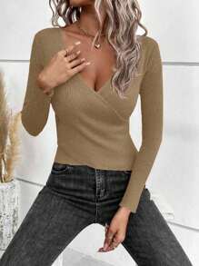 EURMUSE 1pc Women Solid Color Criss-Cross V-Neck Long Sleeve Fitted Sweater, Autumn/Winter - Camel - View 6