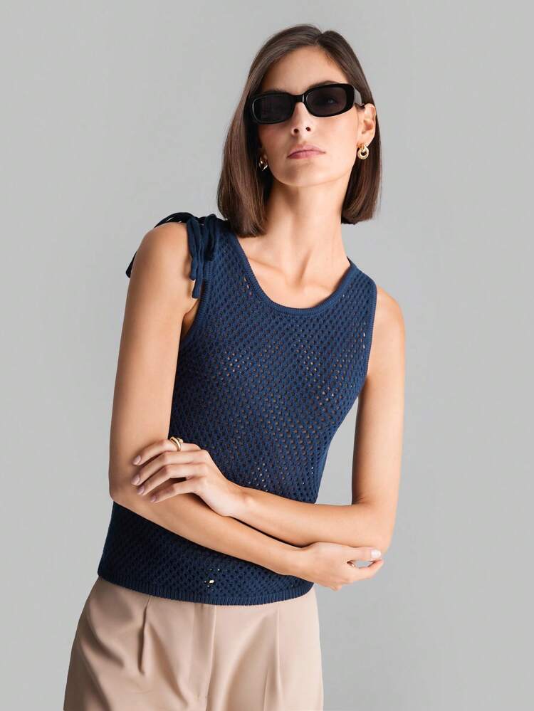 2025 Summer Women's Sleeveless Solid Color Hollow Knitted Top With Shoulder Tie, Elegant Party Dress Suitable For Independence Day, Beach Vacation, Graduation, Wedding Guest, Memorial Day, Dance Party, Versatile Casual Wear