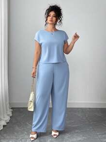 Elenzga 2 件套女士套装：法式圆领短袖休闲上衣和高腰阔腿裤