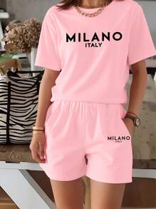 2pcs/Set Women Letter Printed Short Sleeve T-Shirt And Shorts Set - Pink - View 3