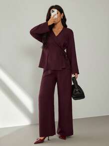 SHEIN PETITE Valentine's Day&New Year Women's Blazers, Burgundy Set,Suit Suits,Office Ladies' Wear, Business Ladies' Wear,Two Pieces Fall Outfits,Matching Outfits Couples,Shirt Set,Fall Clothes,Matching Family Pajamas,New Years Women Outfit - Burgundy - View 1