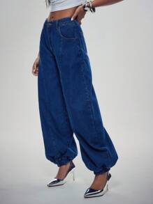 Denimoi High Rise Barrel Leg Jogger Denim Jeans - Dark Wash - View 2