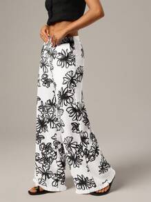 SHEIN Forever 21 女士春季海滩度假休闲流苏亚麻花卉印花阔腿裤