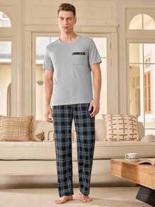 Juego de pijama para hombre, camiseta de cuello redondo de manga corta y pantalones - Gris Claro - Ver 4