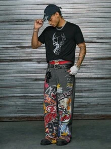 AXEPEAK Men Geo & Deer Graphic Print Short Sleeve Tee, For Going Out, Summer - Black - View 3