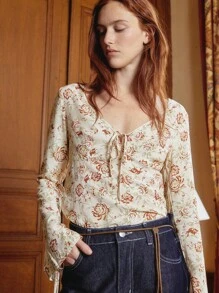 lacRébo Vintage Floral Top With Front Tie And Flared Sleeves Fall Teacher Spring Summer - Multicolor - View 2