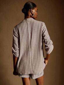 Écloséra 法式复古简约休闲通勤舒适亚麻条纹女士西装外套，翻领单排扣卷袖 - 摩卡棕 - 查看 2