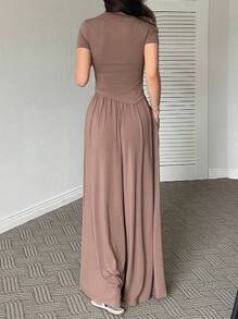 DAZY Damen einfarbiges gestricktes Top mit asymmetrischem Saum und weite Hose Loungewear Set Pyjama