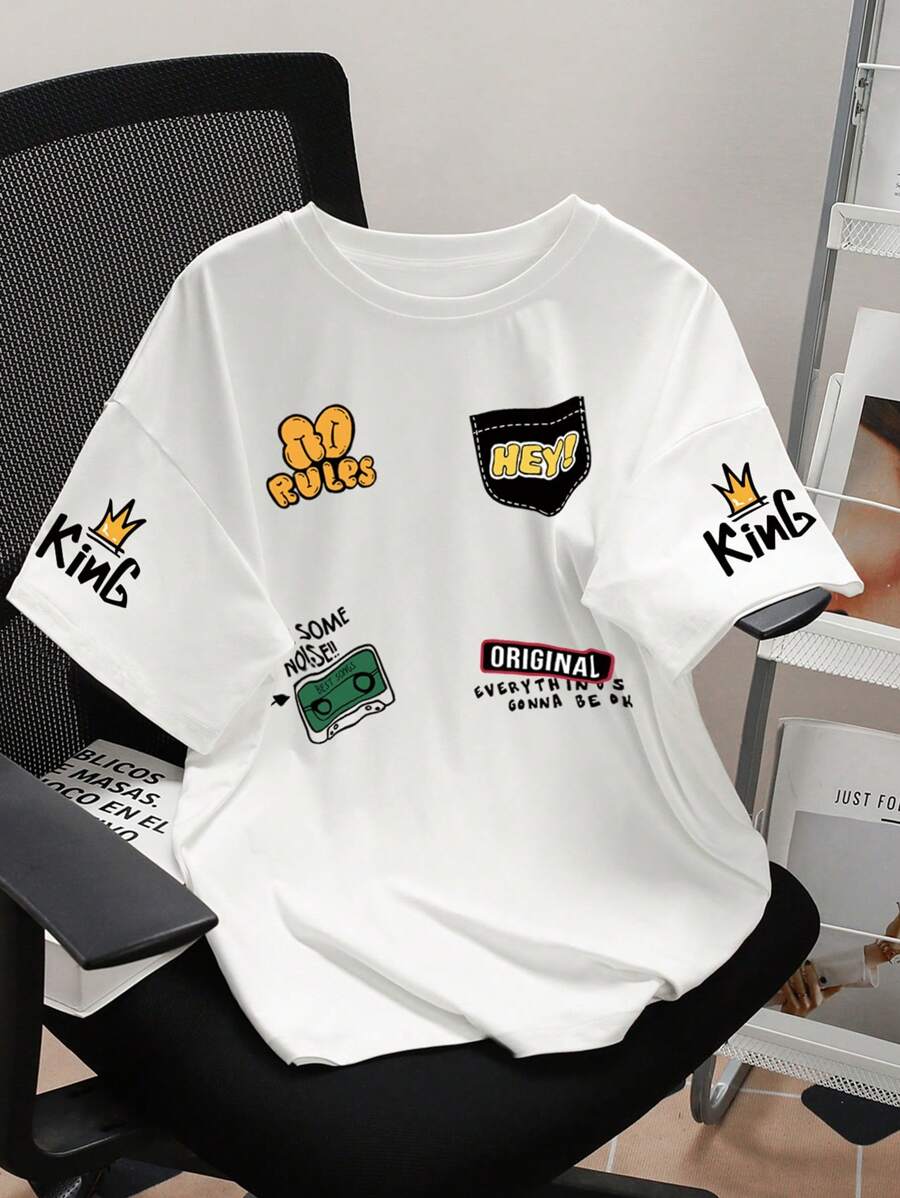 INAWLY Casual Street Style Letter Print Short Sleeve T-Shirt