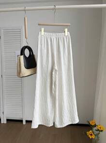SHEIN Pantalones rectos con efecto de lino a rayas para niñas en primavera y verano, cómodos y amigables con la piel, de estilo minimalista y chic casual, adecuados para varias ocasiones - Beis - Ver 2